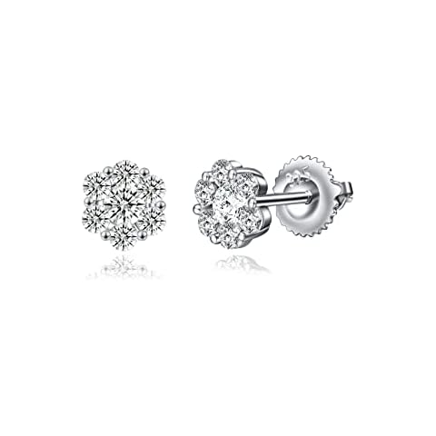 AHSIWC Screw Back Sterling Silver Stud Earrings for Women, 18k Gold Plated Brilliant Cut Cublic Zirconia 6 Prong Hypoallergenic Flower CZ Stud Earrings for Women Gifts Cover