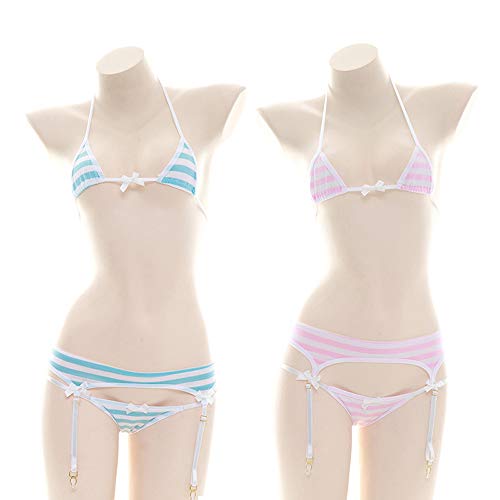 [SENMHS] セクシー ビキニ 過激チューブトップ しましま 縞々 コスプレランジェリーコスチューム ミニブラ マイクロビキニ コスチューム 縞模様 初音ミク ドール用 セパレート インナー ハート ホルターネック サイドリボン (204, ブルー) - 画像2