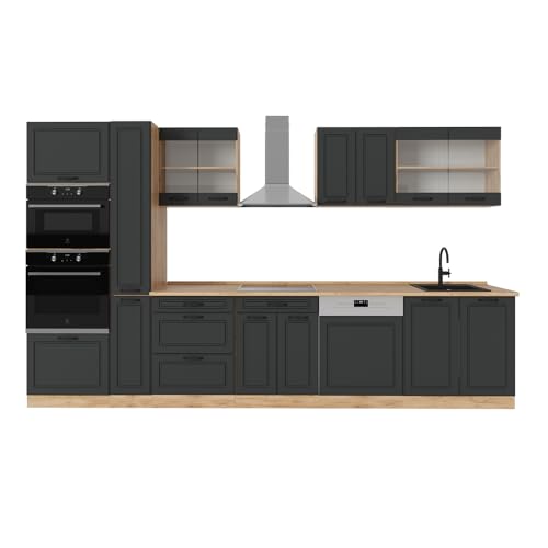 Vicco Cuisine complète R-Line, Anthracite Campagne/Chêne doré, 350cm, PT Chêne, adapté à Une Extension individuelle et à Une Disposition Flexible