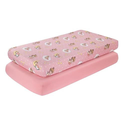 Image of 2 Pack Fitted Crib Sheets for Girls in 100% Jersey Knit Cotton - Pink and Yellow Precious Moments Design Plus Solid Pink Girl's Crib Mattress Sheets by Everyday Kids