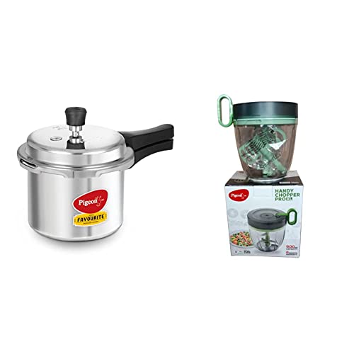 Image of Pigeon by Stovekraft Favourite Outer Lid Non Induction Aluminium Pressure Cooker, 3 Litres & Pigeon Handy Chopper with 5 Stainless Steel Blades and 1 Plastic Whisker (XL, Green)