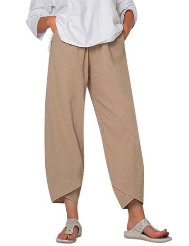 Flygo Womens Linen Pants Casual Capri Pants for Summer Cropped Palazzo Lounge Pants Elastic Waist Baggy Trousers(Khaki-L), Large