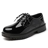 XMM Oxford Shoes for Women Lace up Flats Patent Leather Women's Oxfords Saddle Non-Slip Work Office Comfortable Platform Ladies Loafers Black Dress Business Casual Uniform Dressy Shoes Size 6
