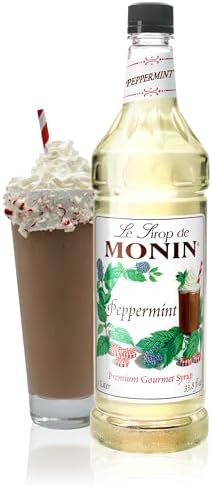 Monin - Peppermint Syrup, Cool Tingle of Candy Cane, Natural Flavors, Great for Cocoas, Mochas, Smoothies, and Sodas, Non-GMO, Gluten-Free (1 Liter)