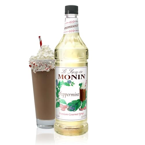 Monin - Peppermint Syrup, Cool Tingle of Candy Cane, Natural Flavors, Great for Cocoas, Mochas, Smoothies, and Sodas, Non-GMO, Gluten-Free (1 Liter)