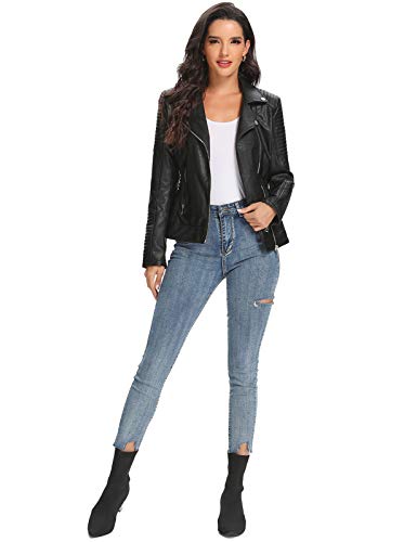 First Way Women's Faux Leather Jacket With Pockets Moto Biker Short Coat Slim Fit Pu Outwear For Fall And Winter Black-A S #TOP5