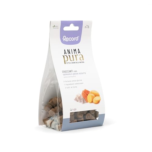 Record - Snack Senza Glutine Anima Pura per Cani 100% Naturali. Biscotti Naturali Cotti al Forno al gusto di Salmone e Pesce Azzurro. Made in Italy |75 g