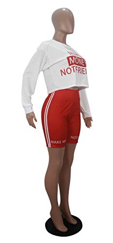 Women 2 Piece Outfits Romper Long Sleeve Letter Print Shirts + High Waist Biker Shorts Tracksuit Set Red Red S