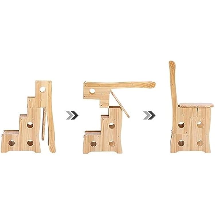 Folding Step Stool 4-Step Solid Wood Folding Ladder Chair, Protable Library Ladder, Convertible Folding Chair Step Stool Display Stand for Adults Office Home Kitchen Outdoor Foldable Step Ladder(Natu