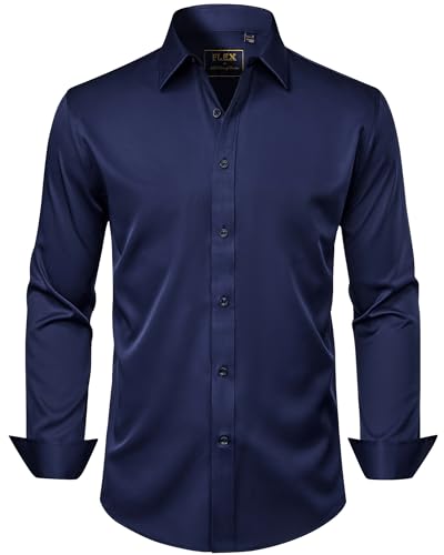 J.VER Men's Dress Shirts Solid Long Sleeve Stretch Wrinkle-Free Formal Shirt Business Casual Button Down Shirts Navy Blue Large
