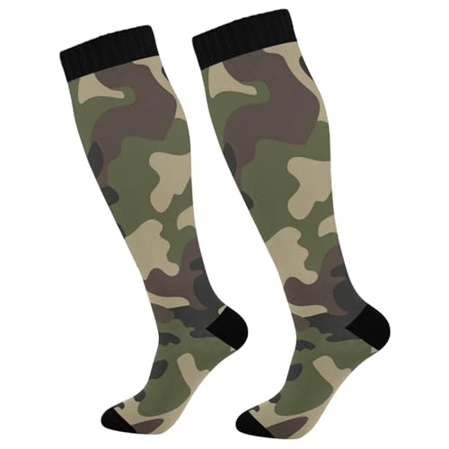 BOESI Green Brown Camouflage Compression Socks, Women's and Men's Knee High Running Socks for Sports, Running, Travel