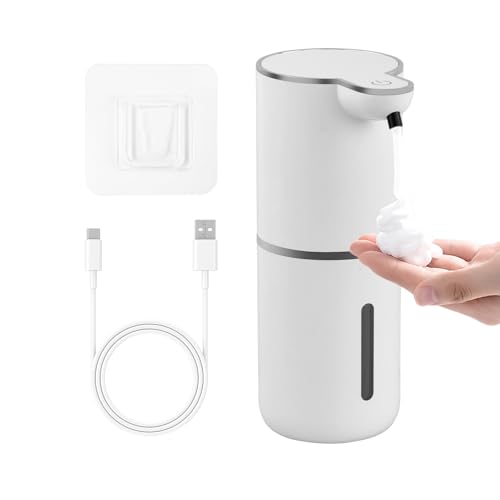Dispensador Jabón Automático con Sensor, 380ml, Dispensador de Jabon Pared Espuma Eléctrico de Manos, 4 Niveles Ajustables, Recargable por USB, Resistente Al Agua IPX5 para Cocina, Baño (Blanco)