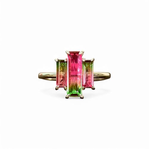 Watermelon Tourmaline Ring for Women - Natural Bicolor Tourmaline Baguette Cut Ring - 14K Gold Plated Statement Ring - Handmade Fine Jewelry - October Birthstone - Anniversary, Bridal, Gift for Her