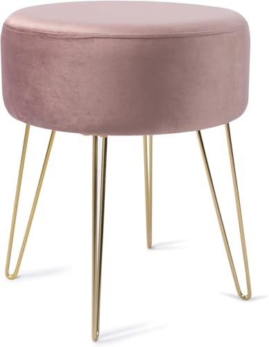 Madera Nieve Taburete Redondo de Terciopelo con Patas metálicas Doradas – Puff tapizado Elegante para Dormitorio, tocador o Sala de Estar, Ideal como reposapiés o Silla de Maquillaje. (Rosa)