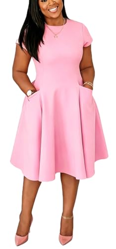 Image of Summer Dresses for Women Semi-Formal Fit Casual Slim Short Sleeve O-Neck Elegant Swing A Line Midi Dresses with Pockets