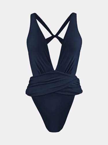 Image of CUPSHE One Piece Swimsuit for Women Bathing Suit Cut Out Cross Back Tie Deep V Neck Ruched High Cut