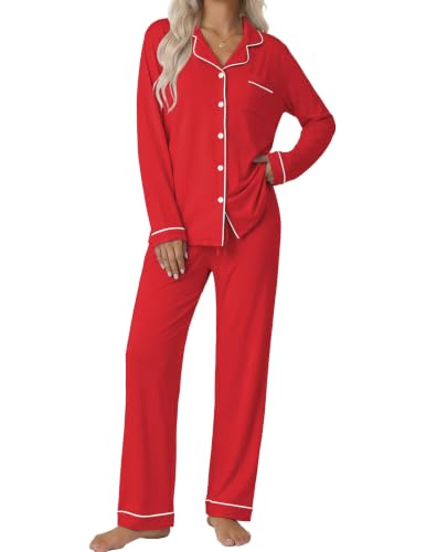 Image of Ekouaer Pajamas Womens Long Sleeve Sleepwear Button Down Loungewear Pjs Set | Comfy Soft,Classic Notch Collar,2 Piece Matching Set for Postpartum,Maternity,Bridal,Travel,Daily,Gift