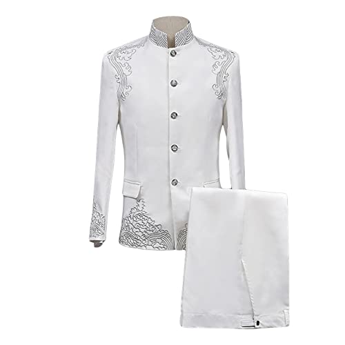 Men's Chinese Tunic Suit 2 Piece Vintage Mandarin Collar Blazer Pant Set Traditional Luxury Formal Suit Sets (White,3X-Large)