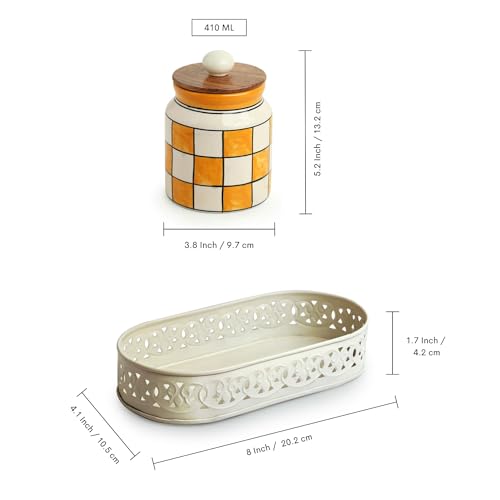Image of ExclusiveLane 'Shatranj Checkered' Multi Utility Storage Ceramic Jars for Kitchen Storage with Iron Tray (Air-Tight, Set Of 2, 410 ml) | Ceramic Container with Tray Storage Jars