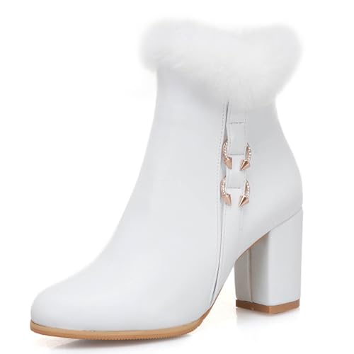OALEEN Bottines Fourrures Femme Hiver Chaude Talon Haut Carré Bloc Bout Rond Effet Cuir Soirée Low Boots Chaussures Blanche 40