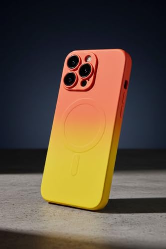 Image of amazon basics Gradient Mag-Safe Case for iPhone 16 Pro Max | Soft Silicone Shockproof Cover with Camera Protection | Slim Lightweight Design | Smooth Touch & Durable - Orange & Yellow