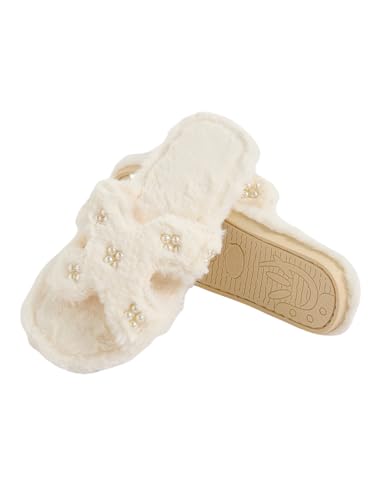 Verdusa Women's Cut Out Pearl Slippers Open Toe Fuzzy Bedroom Shoes Bride Slippers White 7.52