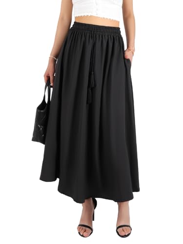 BALAYSIER Long Skirts for Women with Pockets and Adjustable Drawstring Midi Skirt Suitable for Casual Travelling Party(Black, L)