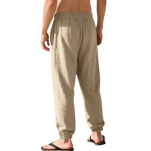 Summer Linen Pants for Men Solid Lightweight Casual Elastic Waist Drawstring Beach Workout Jogger Pants with Pockets3