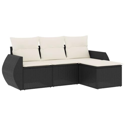 GeenYuu Juego de 4 sofás de jardín de ratán sintético negro con cojines, resistente a la intemperie, juego de muebles de jardín, conjunto modular para terraza, balcón y porche
