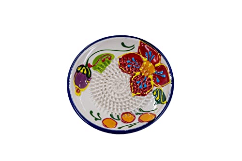 Kaladia keramisch raspbord/keramische schaaf, effen kleur, ideaal voor gember, Parmezaanse kaas enz., wit met rode bloesem, diameter: 12 cm, handgemaakt en handbeschilderd, gemaakt in Spanje