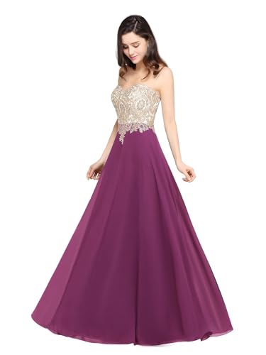 Misshow Robe de Soirée Élégante Pourpre, Robe A-Line en Mousseline avec Haut en Appliques Dorées, Robe Longue pour Bal de Fin d’Année 38