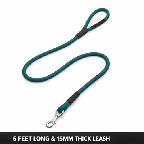 Image of Dog Leash for Large Dogs & Medium Dogs 5 Feet - Heavy Duty Nylon Rope 15mm Thick Leash with Anti Slip Rubber Handle - Tangle Free & Swivel Metal Clip (Green)