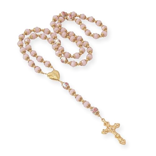 Nazareth Store Catholic Blue Crystal Beads Gold Rosary Flowers Beaded Necklace Miraculous Heart Locket Medal & Cross Religious Women Men Amulet3