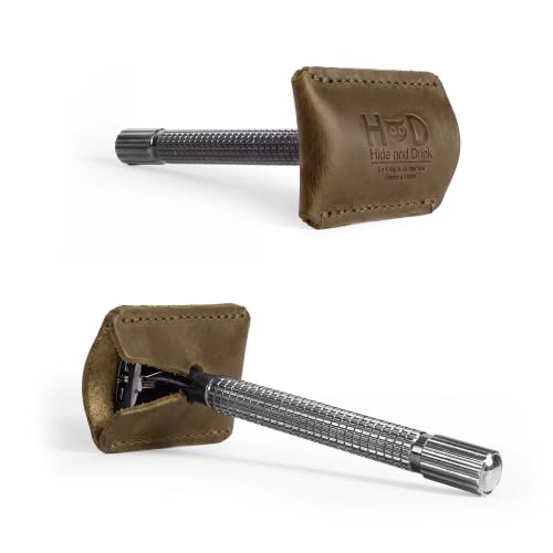 Hide & Drink, Leather Double Edge Safety Razor Head Protective Sheath, Shaving Travel Cover Handmade (Dark Jade)