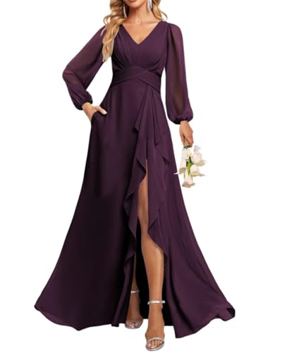 Vestidos de dama de honor con mangas globo, cuello en V, plisado, de gasa, con bolsillos, morado, 60