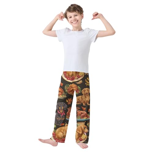Thanksgiving Dachshund Pumpkin Boys Long Pants Soft Trousers Elastic Waist Kids Lounge Bottoms with Pockets S-XL3