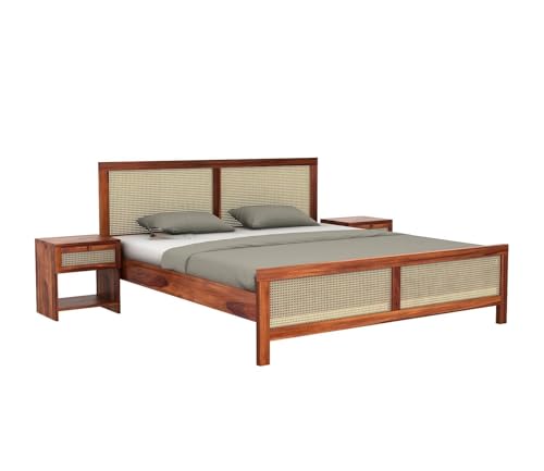 Image of Solid Sheesham Wood King Size Cot Bed Without Storage for Bedroom - Wooden King Size Cot for Bedroom - Solid Wooden Double Bed Palang for Home (Noah Honey)