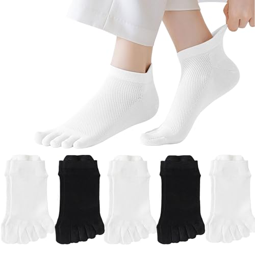 Soleeya 5 Paia Calzini con Dita Separate Donna Uomo, Rete Traspirante Calze con Dita 35-43 Corti Calze con le Dita Cotone Calzini Dita Separate (IT, Numero, 35, 39, Regular, Regular, 3Bianco+2Nero)