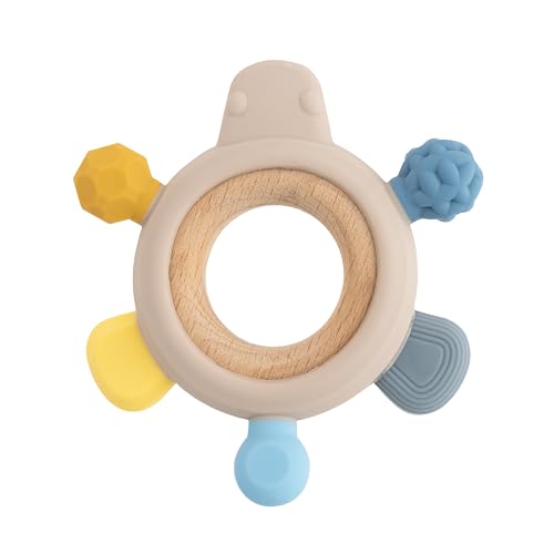babynova Mordedor de Madera y Silicona - de 3+ meses - Juguete para bebés - Alivio del dolor de dientes y encías - Juego y aprendizaje - Desarrollo de habilidades motoras - Sin BPA - Amarillo Azul