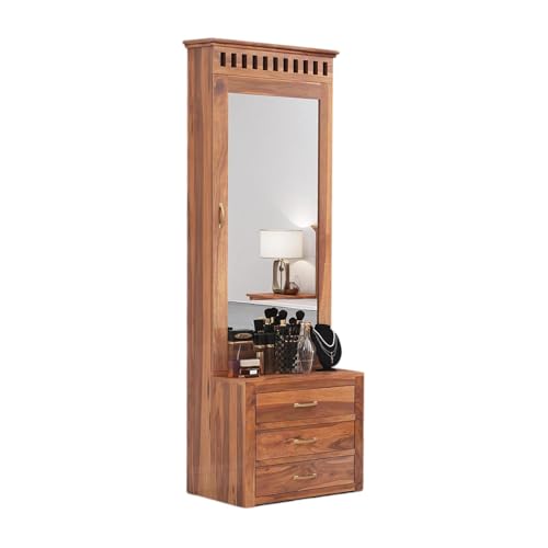 Image of Solid Sheesham Wood Dressing Table with Storage Mirror & 3 Drawers, & 1 Door Storage for Living Room Bedroom Wooden Make Up Vanities Dresser for Bedroom Home (Natural Finish)