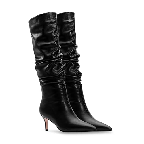 Women's Stiletto Kitten Heel Pointed Toe Slouchy Dress Knee High Boots Boots4