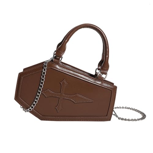 Tarvione Halloween Purses for Women Cross Coffin Bag Novelty Halloween Coffin Purses with Top Handle and Chain Strap Crossbody Shoulder Bags Ideal Gifts(Brown)