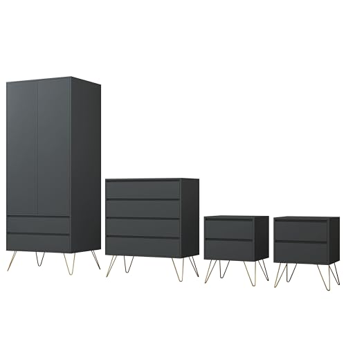 Nera Bedroom Furniture Set 4 Piece Wardrobe with Drawers Chest of Drawers Bedside Table Set with Metal Legs (Grey)