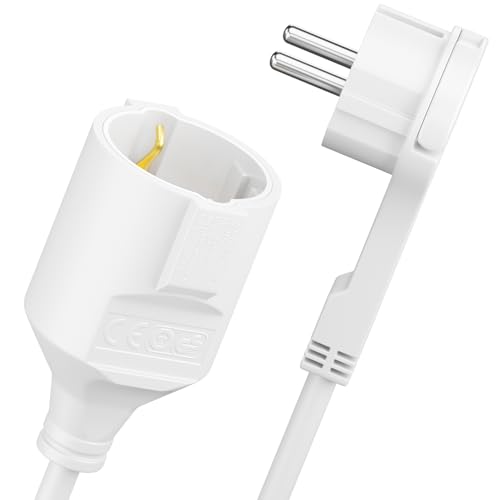 deleyCON 2m Cordon Alimentation Rallonge avec Fiche Plate Contact Protection Câble électrique Extension 3680W Usage Domestique Bureau Multimédia Blanc