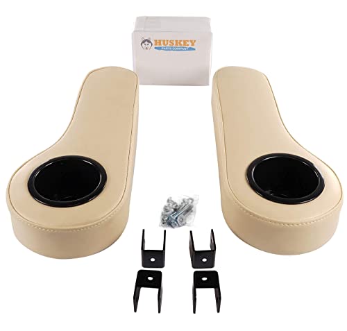 Huskey 2X Beige Rear Seat Arm Rests With Cup Holder For Club Car, Yamaha, Ezgo Txt Golf Carts And All Other Models For An Upgraded Support Frame- Can Be Installed By Drilling Or Non-Drilling Brackets #TOP16