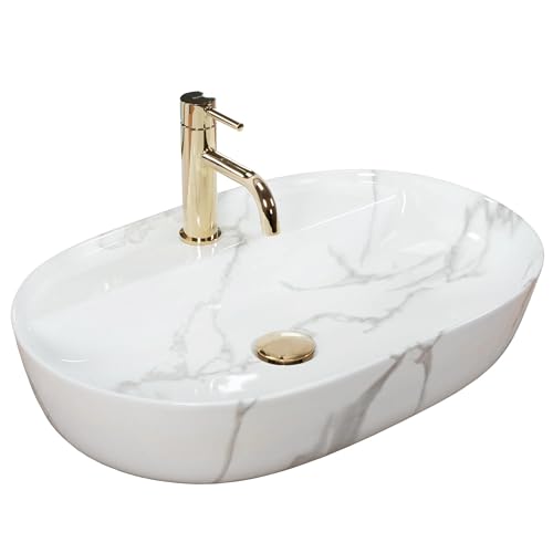 Vbchome Lavabo Da 61 X 41 Cm, In Ceramica, Bianco Marmo, Ovale, Con Foro Per Rubinetto, Lavabo, Lavabo Da Appoggio In Ceramica