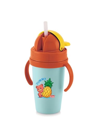 Image of Nabhya Inner Stainless Steel & Outer Plastic 360ml BPA-Free Cute Animal Design Baby Sipper Kids Water Bottle with Straw and Side Handle for Kids (Purple & Blue - 2pc)