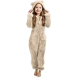 Fleece Overall Onesie Kinder Mädchen Jungen Einteiler Schlafanzug mit Kapuze und Reißverschluss Einfarbig Pigiama Weich Bequem Warm Plüsch Jumpsuit Kuschelig Schlafoverall Kinder Von 2-14 Jahre, beige
