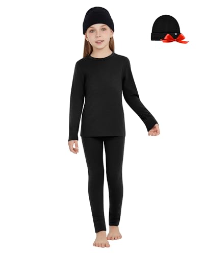 woolcano Unisex Kids' 100% Merino Wool Base Layer Sets - Lightweight Thermal Underwear Gifts Pack with Wool Beanie Black 5-6