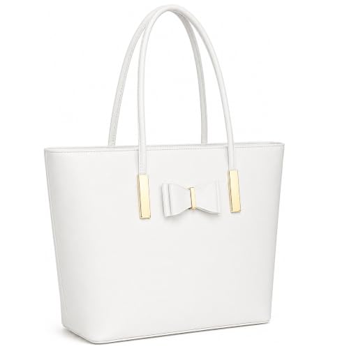 Image of kukubird Women's Top-Handle Black Large Tote Bag Handbag Simple Shoulder Bag with Zipper for School Work Leisure-White